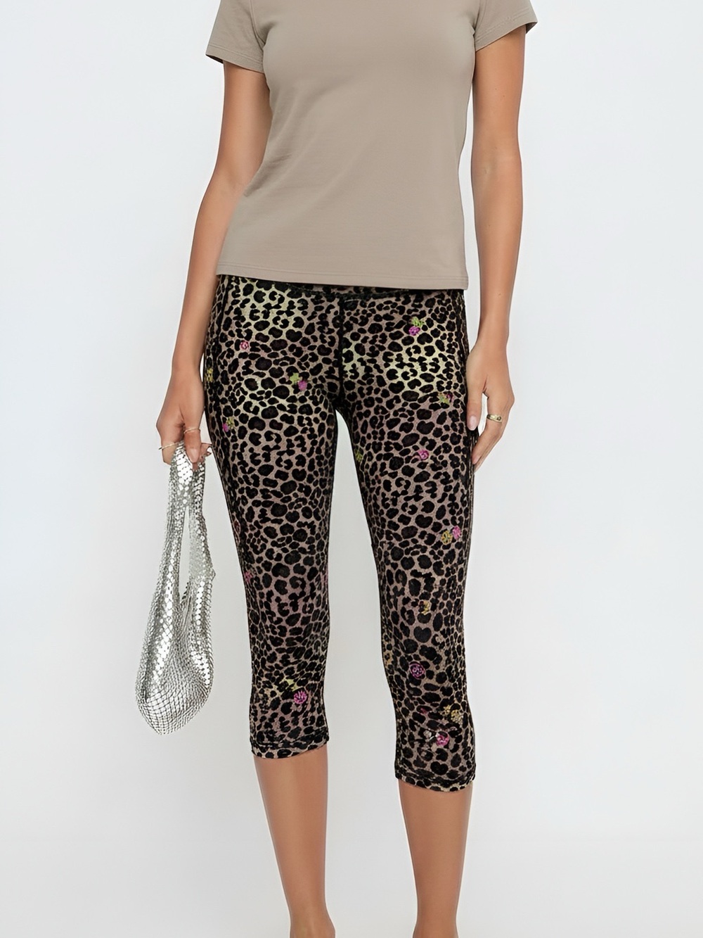Betsey Johnson Cheetah Print Cropped Leggings with Floral Pink Accents / M